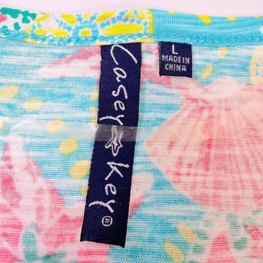 Casey Key Top Blue Pink Starfish Shell Coastal Ruched Studded Tee Size Large NWT - Picture 2 of 7